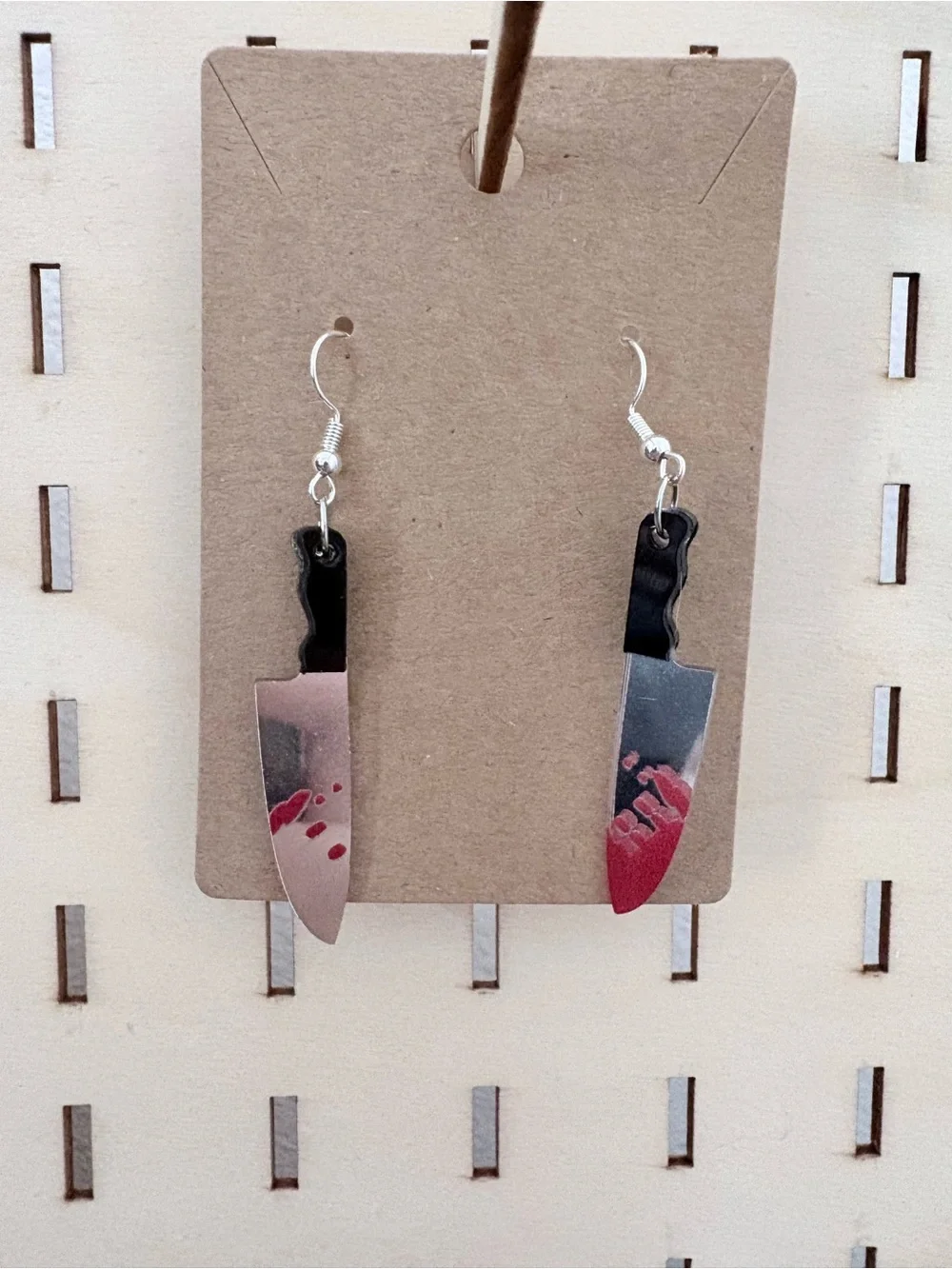 Handcrafted bloody knife charms dangle earrings